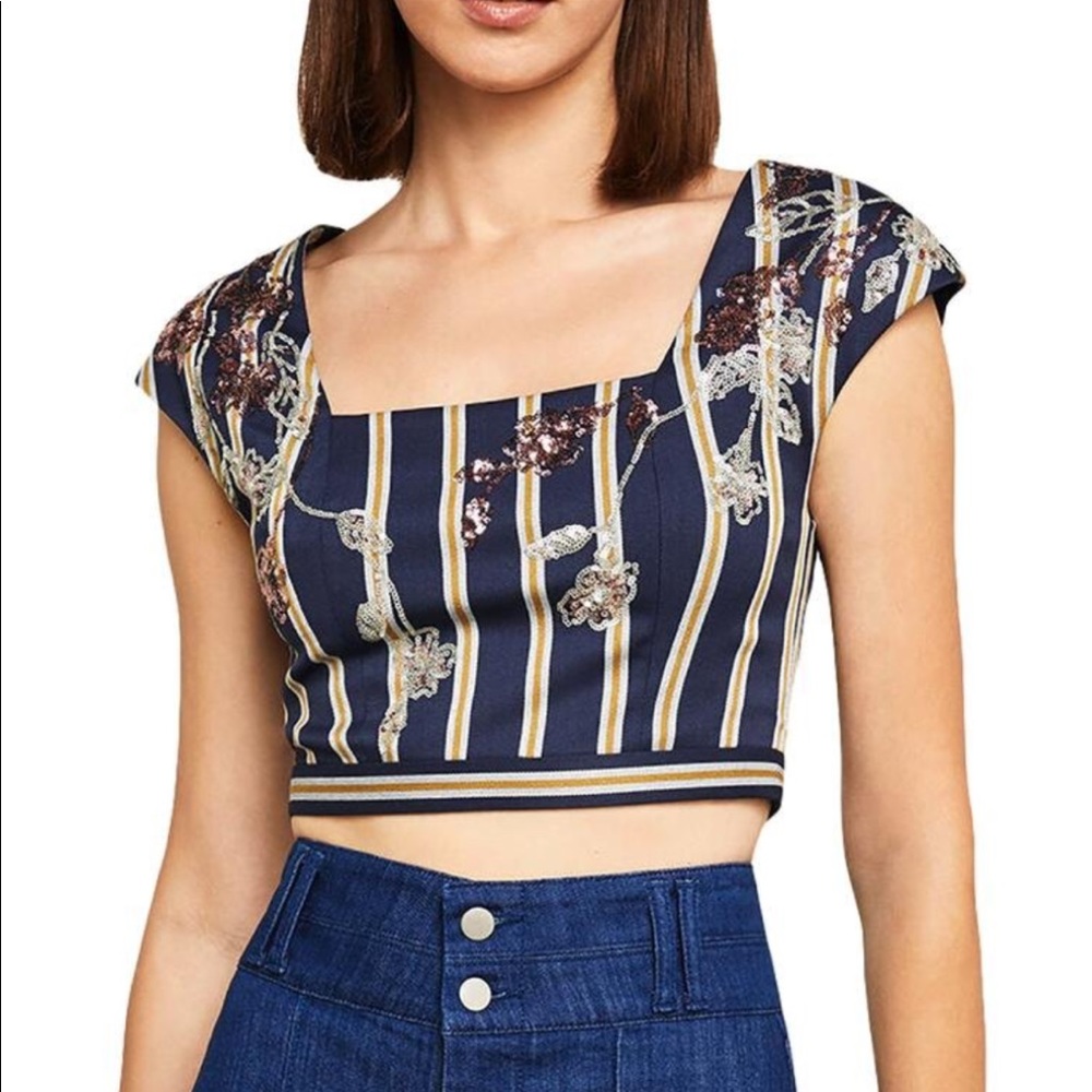 BCBG MAX AZRIA WOMENS SEQUINED STRIPED CROP TOP